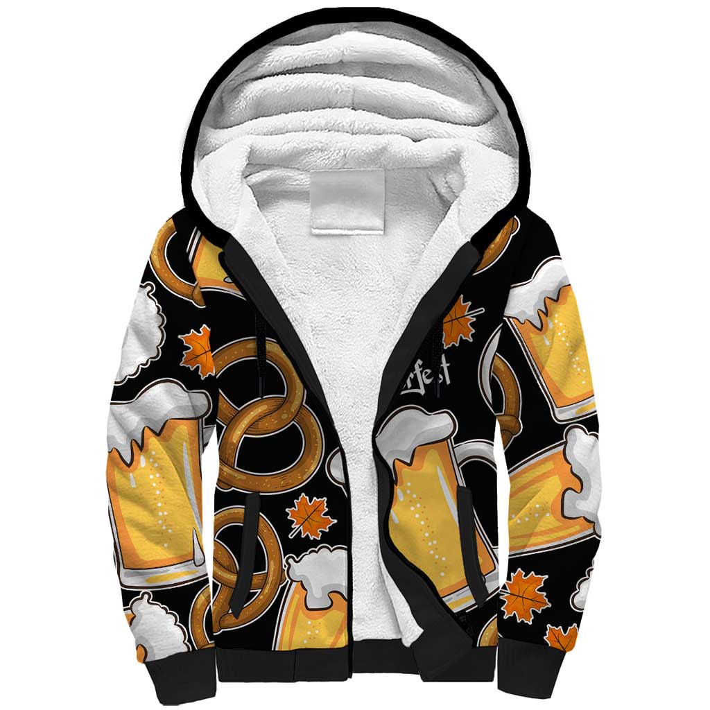 Oktoberfest Sherpa Hoodie with Beer Mug and Pretzel Illustration Black Festive - Wonder Print Shop