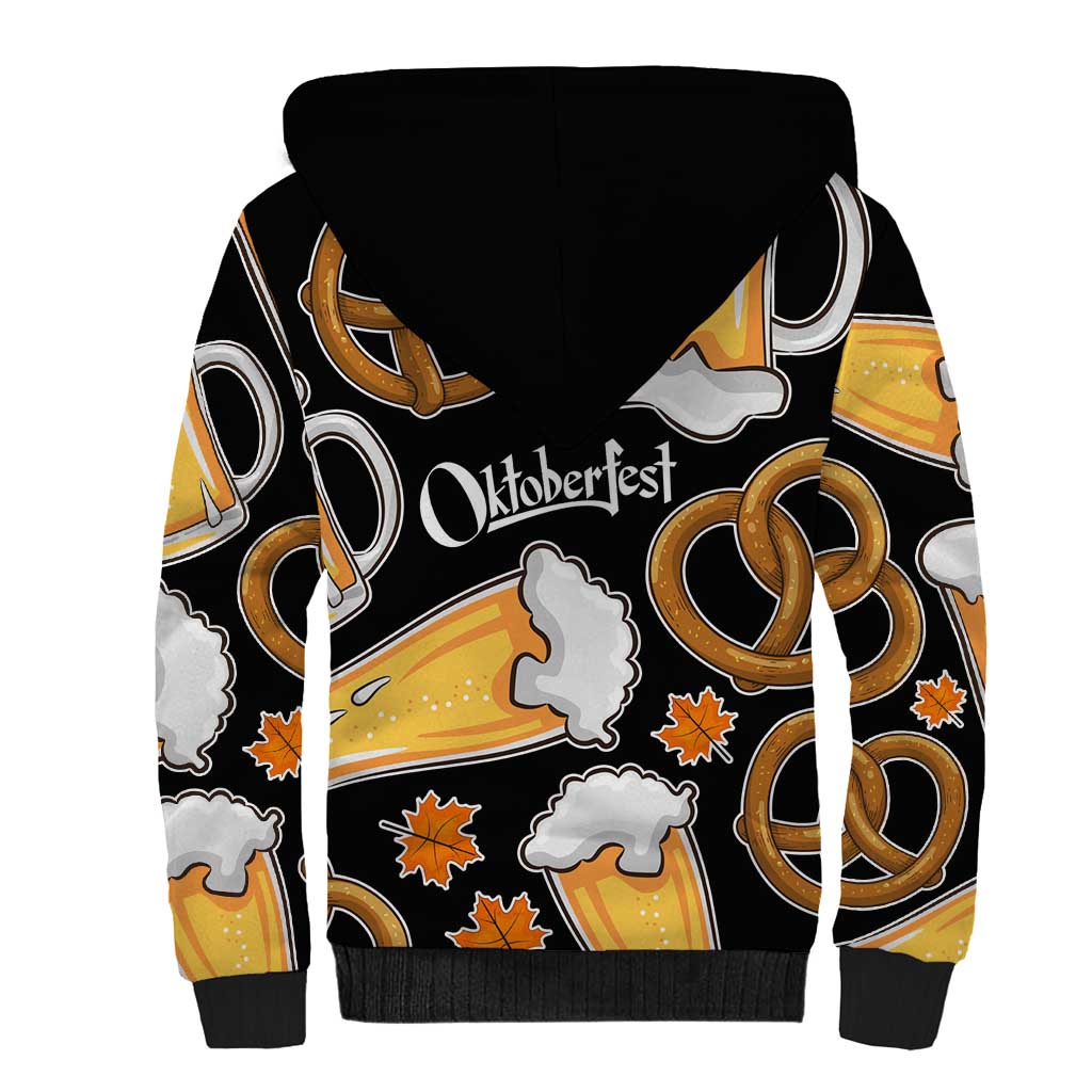 Oktoberfest Sherpa Hoodie with Beer Mug and Pretzel Illustration Black Festive - Wonder Print Shop