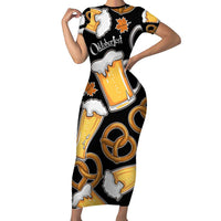 Oktoberfest Short Sleeve Bodycon Dress with Beer Mug and Pretzel Illustration Black Festive - Wonder Print Shop