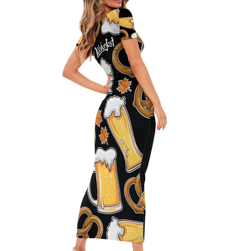 Oktoberfest Short Sleeve Bodycon Dress with Beer Mug and Pretzel Illustration Black Festive - Wonder Print Shop