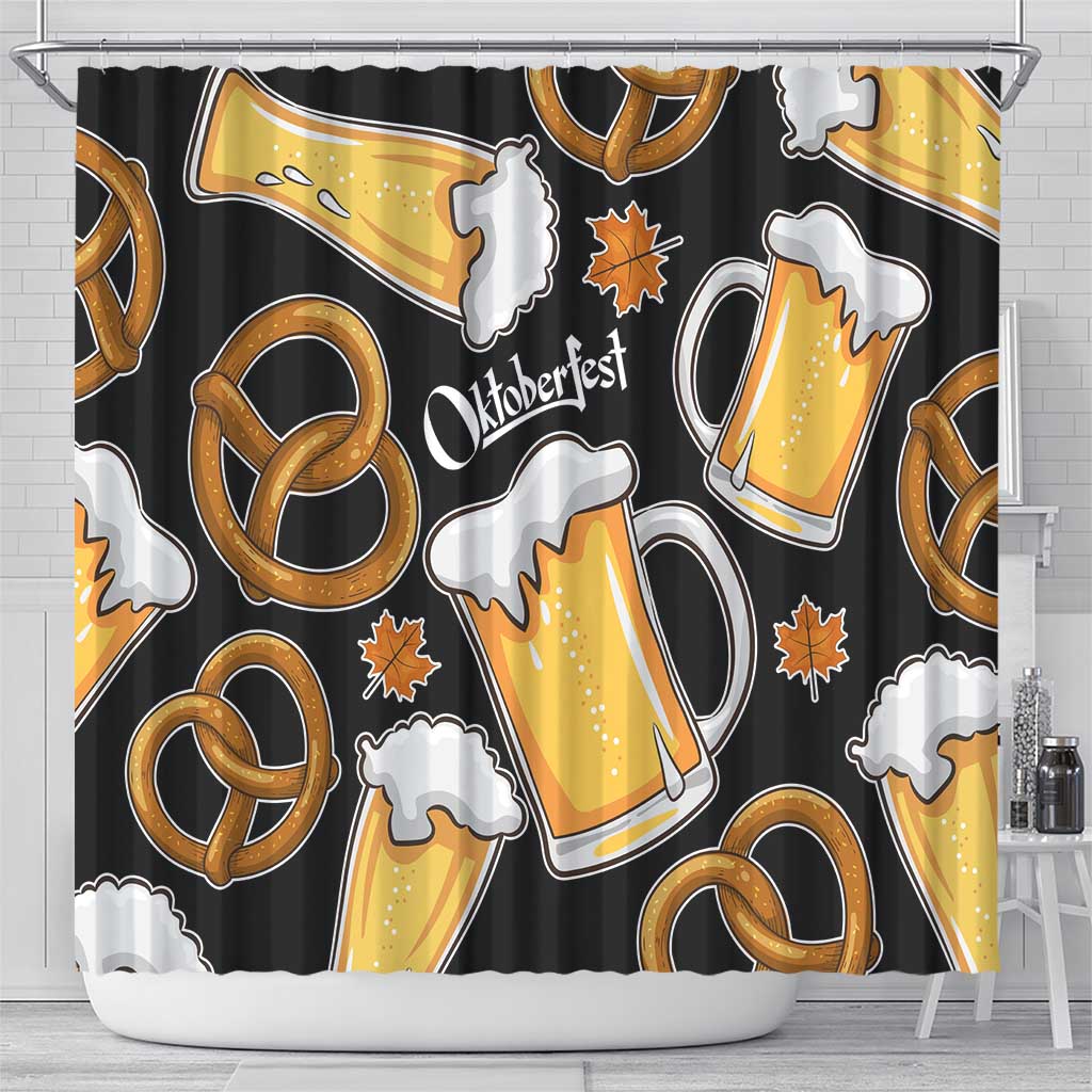 Oktoberfest Shower Curtain with Beer Mug and Pretzel Illustration Black Festive - Wonder Print Shop