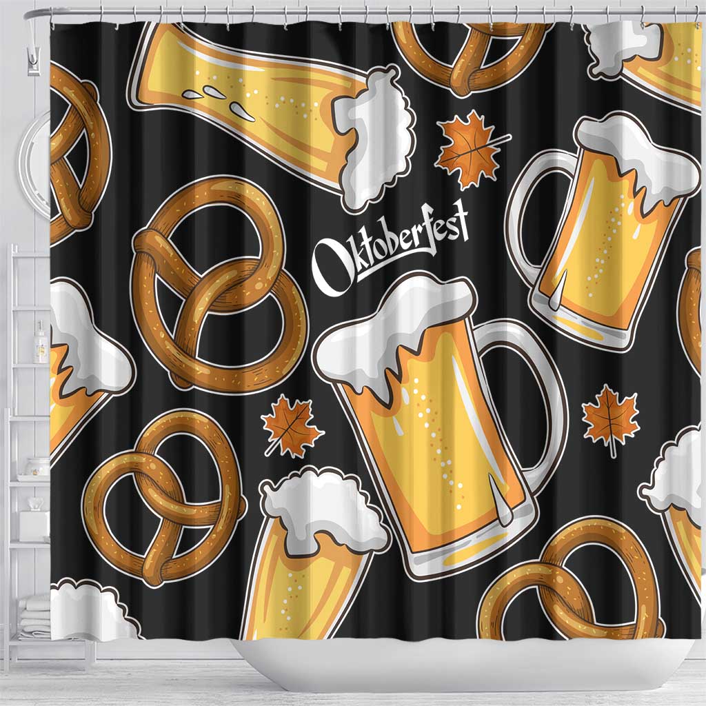 Oktoberfest Shower Curtain with Beer Mug and Pretzel Illustration Black Festive - Wonder Print Shop