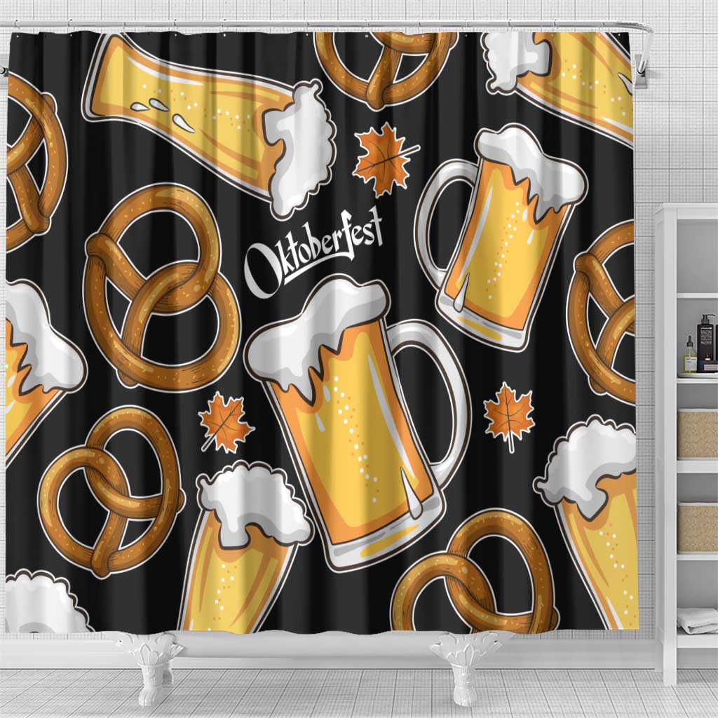 Oktoberfest Shower Curtain with Beer Mug and Pretzel Illustration Black Festive - Wonder Print Shop