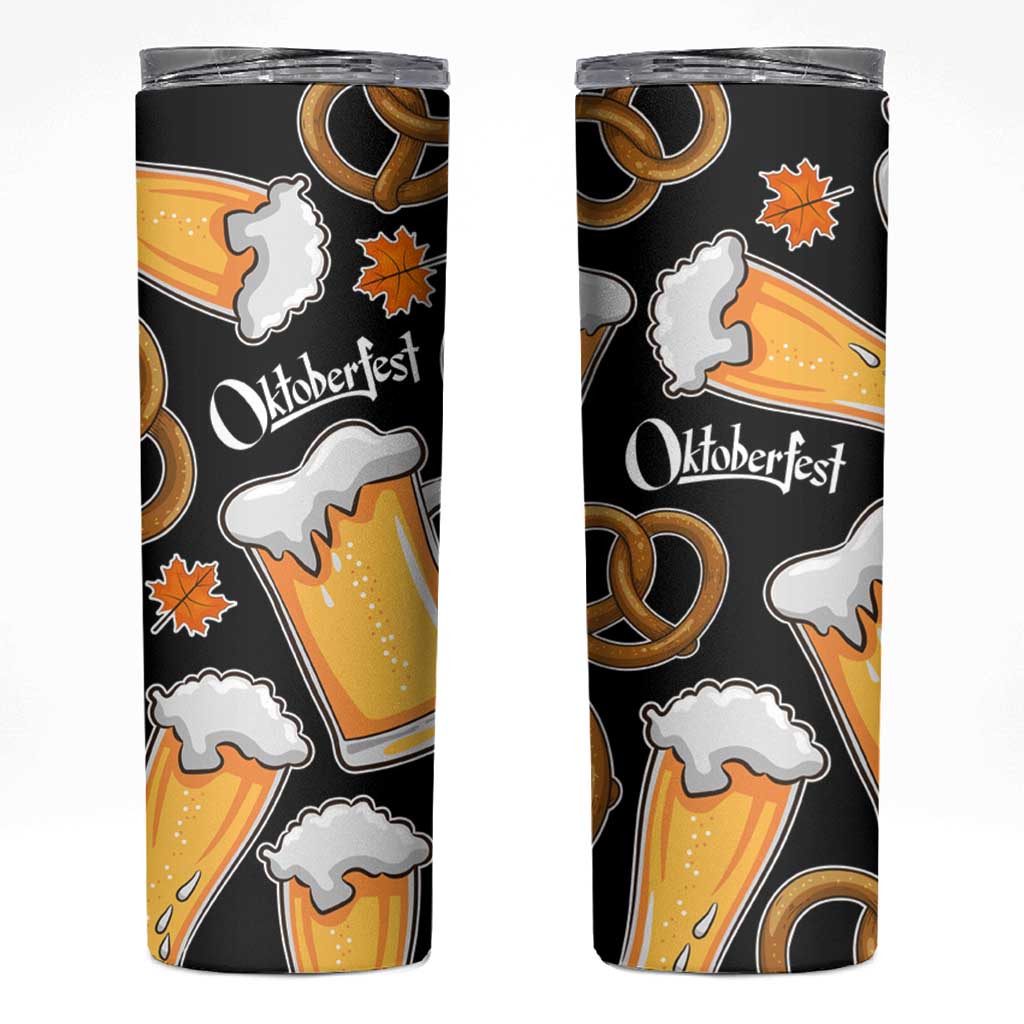 Oktoberfest Skinny Tumbler with Beer Mug and Pretzel Illustration Black Festive - Wonder Print Shop