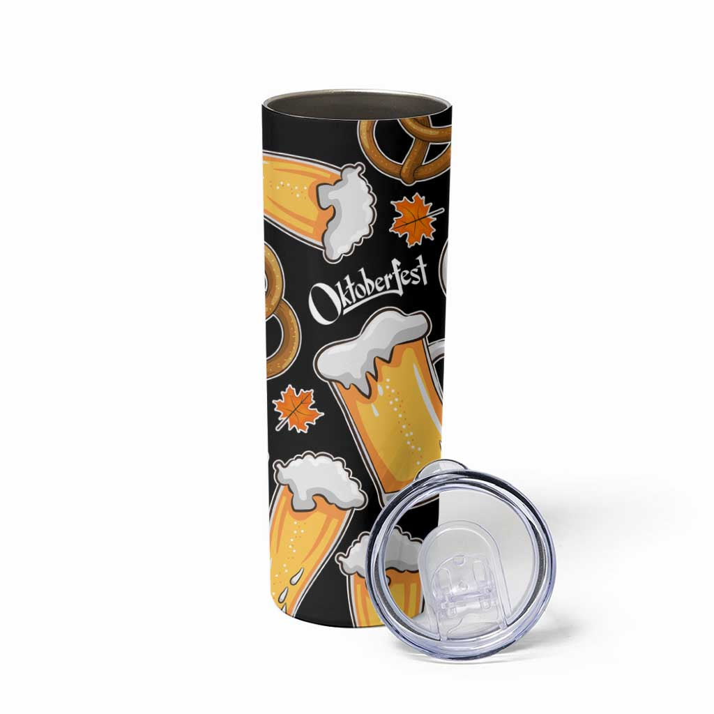 Oktoberfest Skinny Tumbler with Beer Mug and Pretzel Illustration Black Festive - Wonder Print Shop