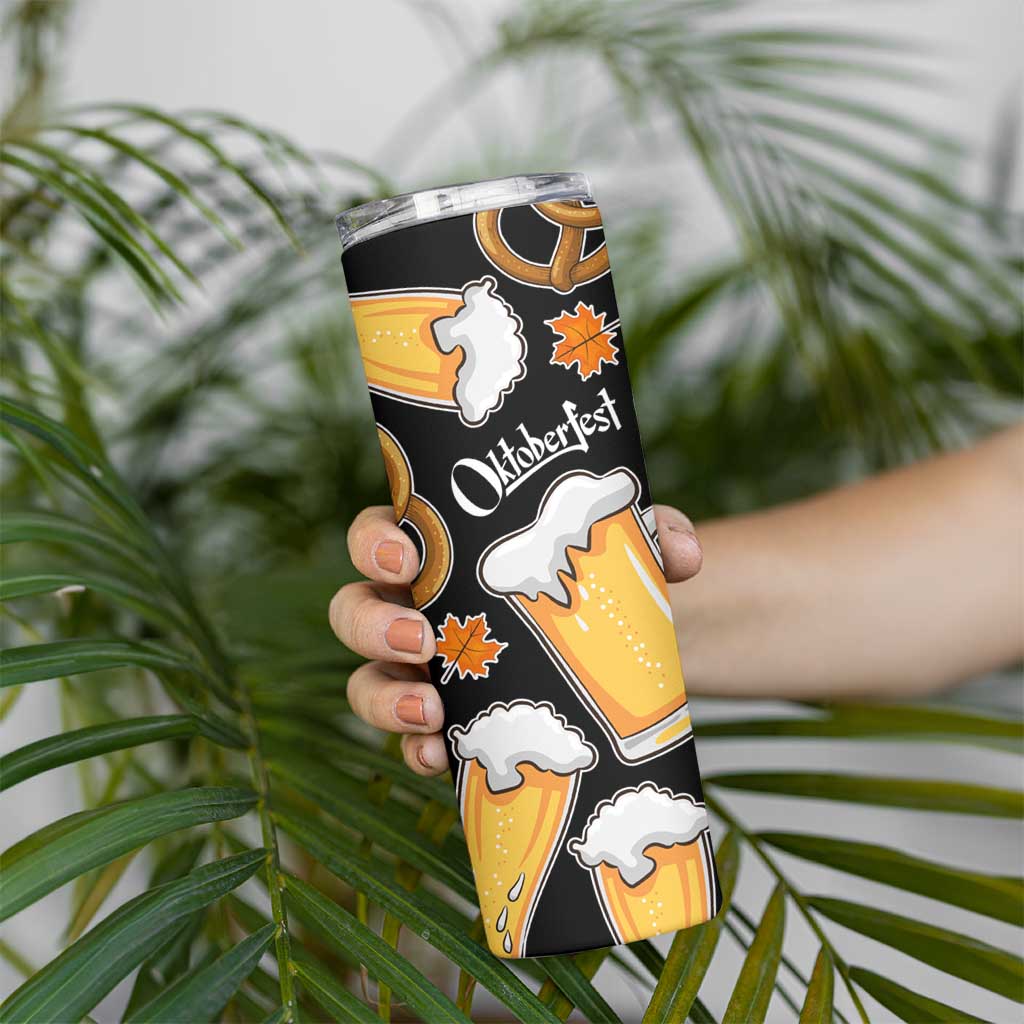 Oktoberfest Skinny Tumbler with Beer Mug and Pretzel Illustration Black Festive - Wonder Print Shop