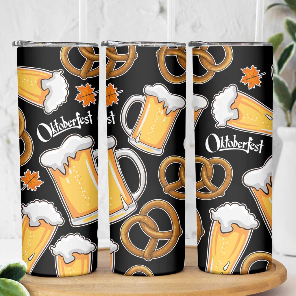 Oktoberfest Skinny Tumbler with Beer Mug and Pretzel Illustration Black Festive - Wonder Print Shop