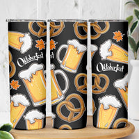 Oktoberfest Skinny Tumbler with Beer Mug and Pretzel Illustration Black Festive - Wonder Print Shop