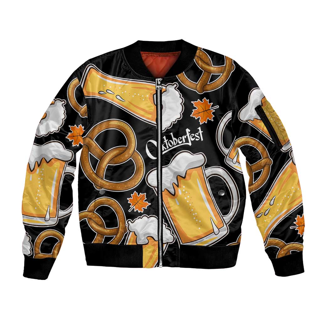 Oktoberfest Sleeve Zip Bomber Jacket with Beer Mug and Pretzel Illustration Black Festive - Wonder Print Shop