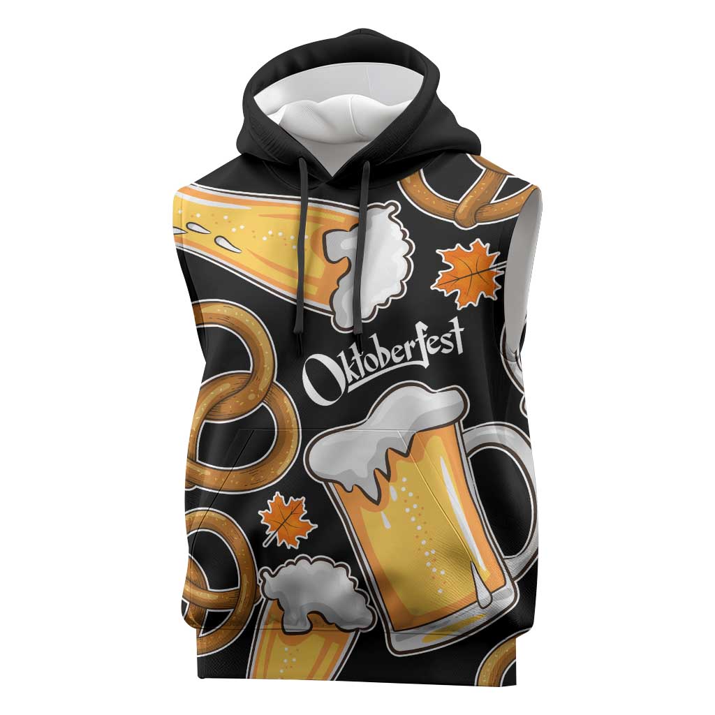 Oktoberfest Sleeveless Hoodie with Beer Mug and Pretzel Illustration Black Festive - Wonder Print Shop