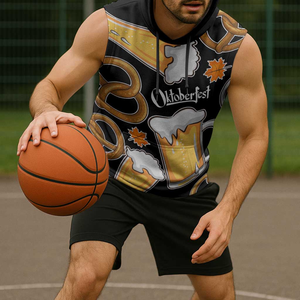 Oktoberfest Sleeveless Hoodie with Beer Mug and Pretzel Illustration Black Festive - Wonder Print Shop