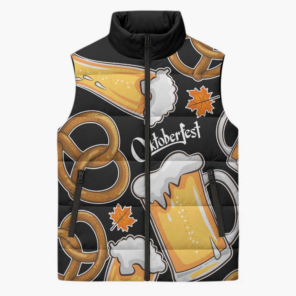 Oktoberfest Sleeveless Puffer Jacket with Beer Mug and Pretzel Illustration Black Festive - Wonder Print Shop