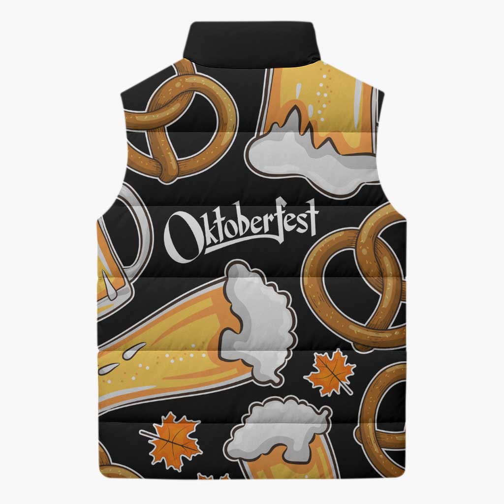 Oktoberfest Sleeveless Puffer Jacket with Beer Mug and Pretzel Illustration Black Festive - Wonder Print Shop