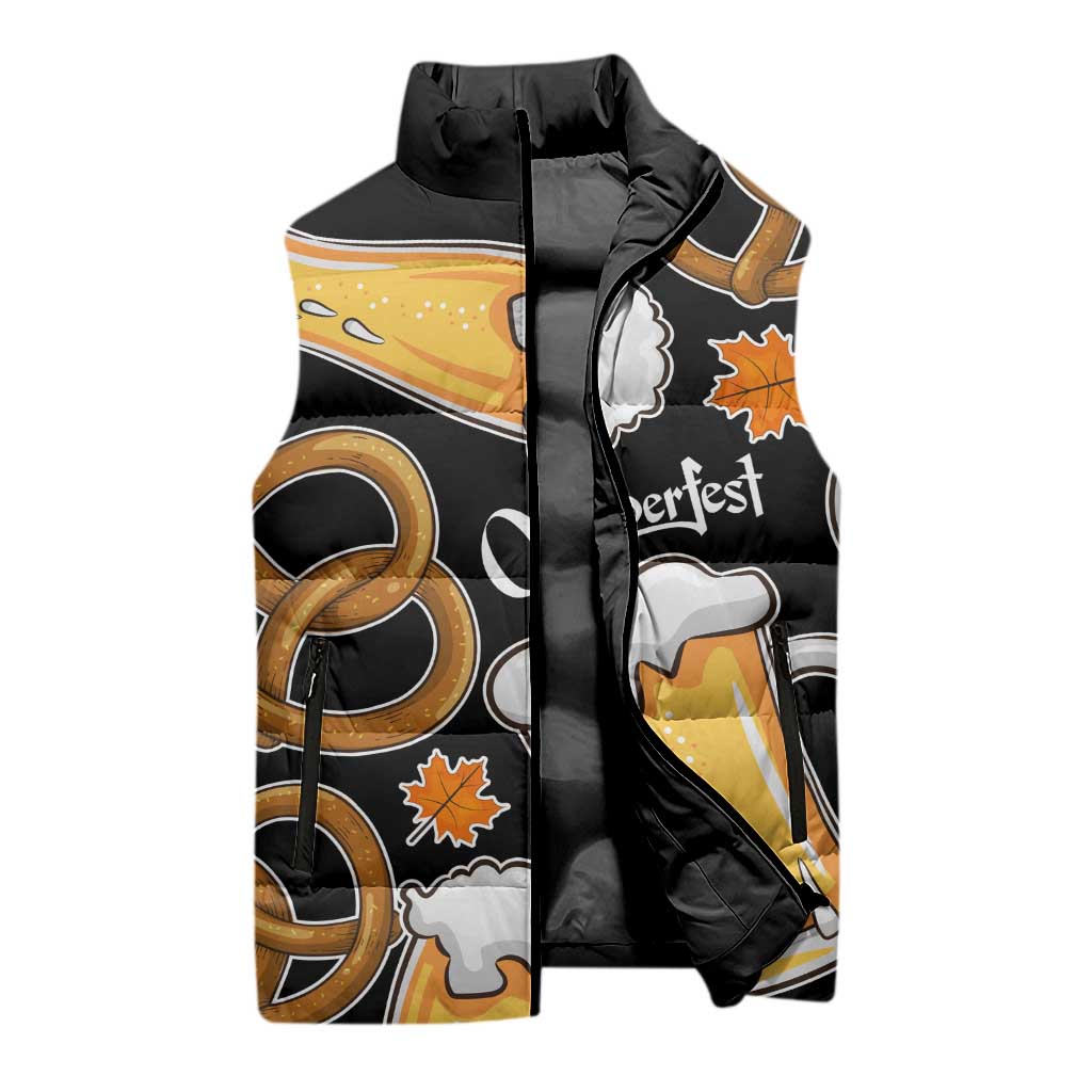 Oktoberfest Sleeveless Puffer Jacket with Beer Mug and Pretzel Illustration Black Festive - Wonder Print Shop
