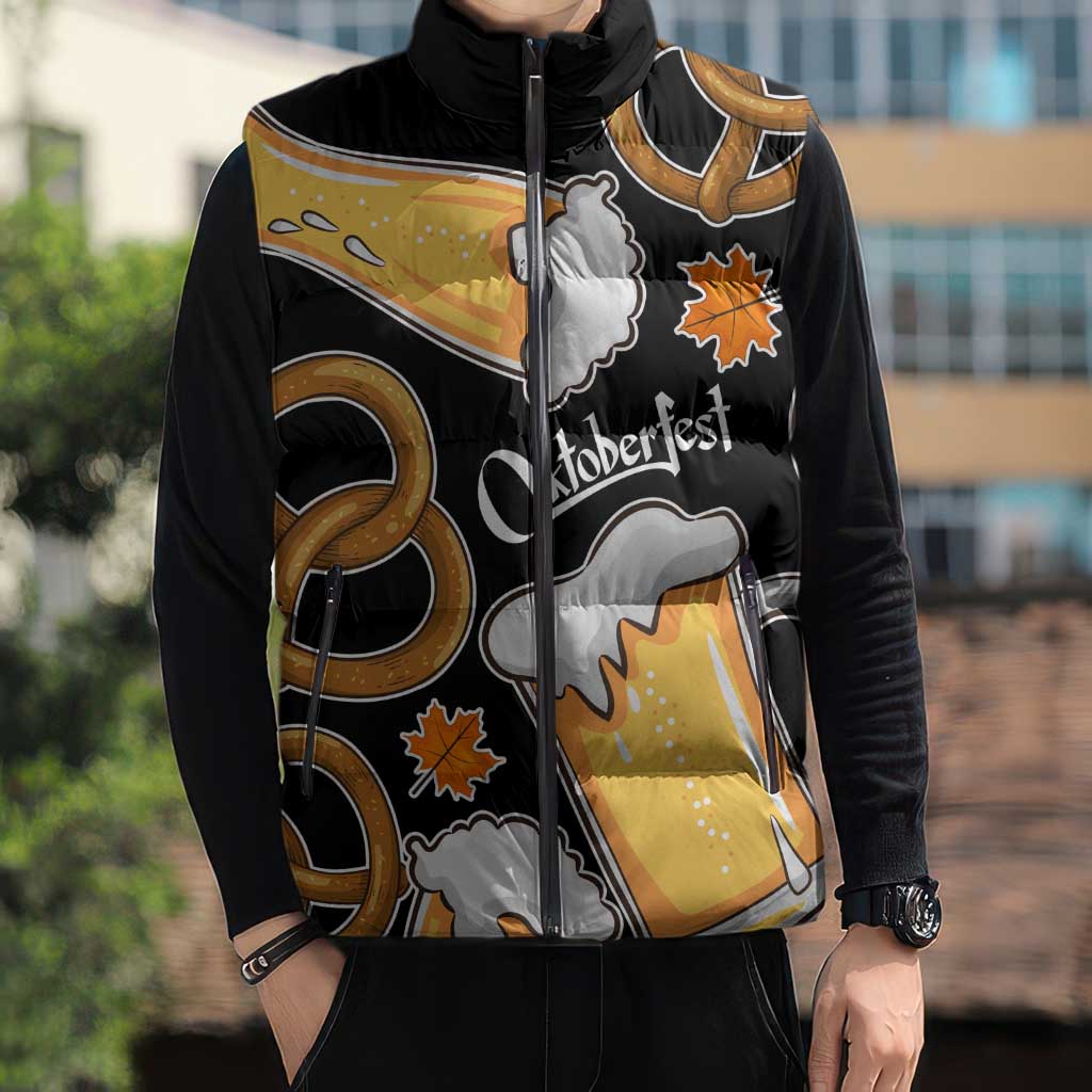 Oktoberfest Sleeveless Puffer Jacket with Beer Mug and Pretzel Illustration Black Festive - Wonder Print Shop