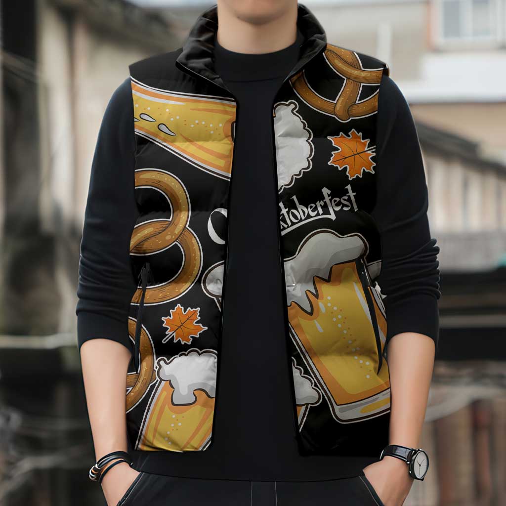 Oktoberfest Sleeveless Puffer Jacket with Beer Mug and Pretzel Illustration Black Festive - Wonder Print Shop