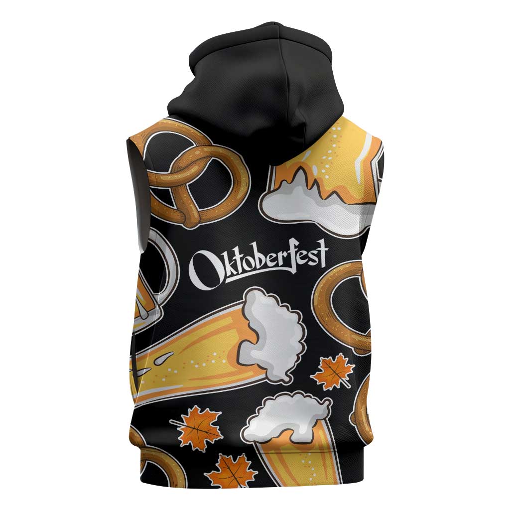 Oktoberfest Sleeveless Zip Hoodie with Beer Mug and Pretzel Illustration Black Festive - Wonder Print Shop