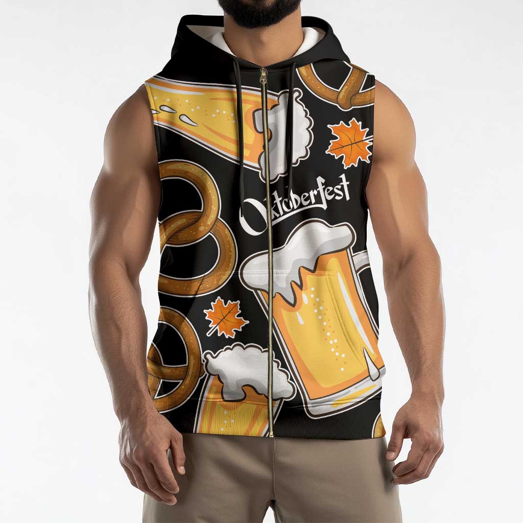 Oktoberfest Sleeveless Zip Hoodie with Beer Mug and Pretzel Illustration Black Festive - Wonder Print Shop
