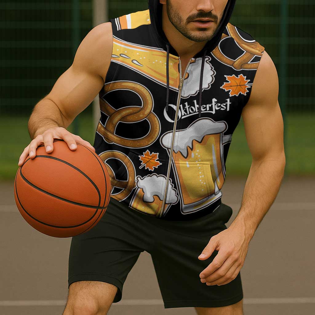 Oktoberfest Sleeveless Zip Hoodie with Beer Mug and Pretzel Illustration Black Festive - Wonder Print Shop