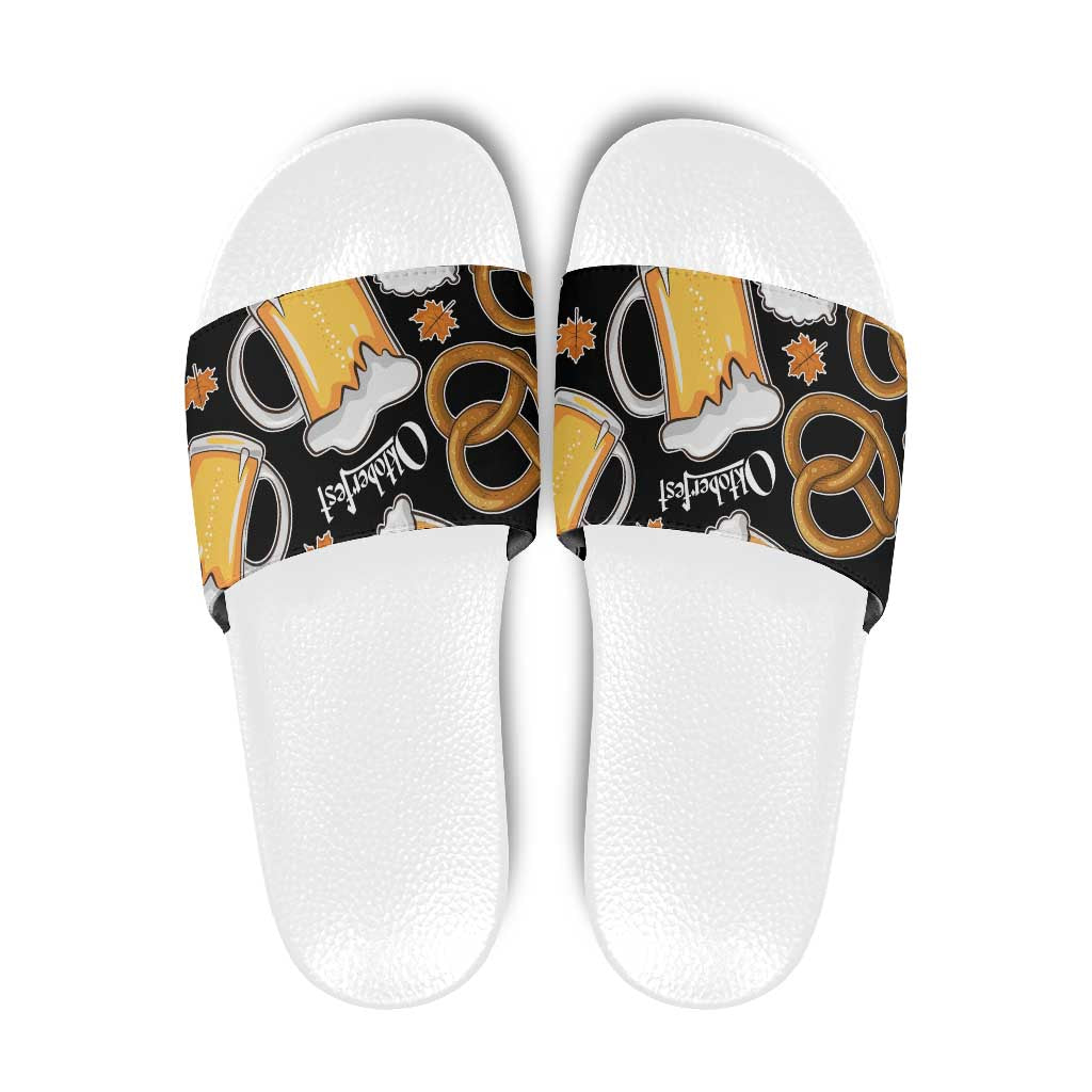 Oktoberfest Slide Sandals with Beer Mug and Pretzel Illustration Black Festive - Wonder Print Shop