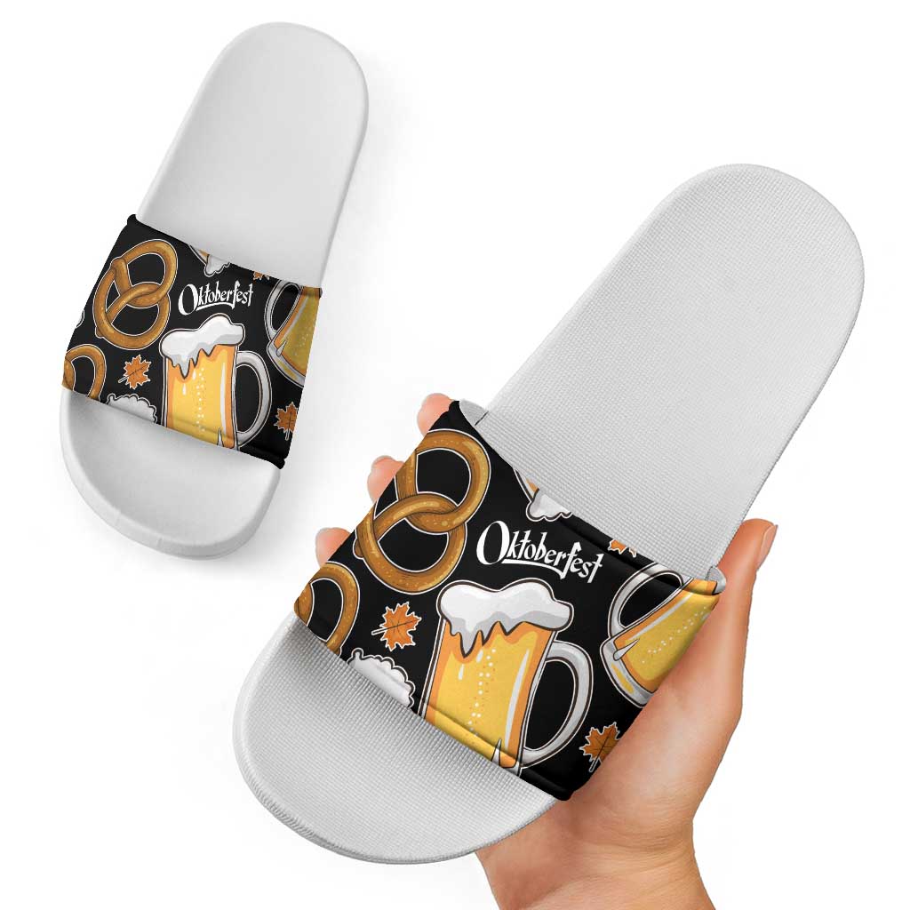 Oktoberfest Slide Sandals with Beer Mug and Pretzel Illustration Black Festive - Wonder Print Shop