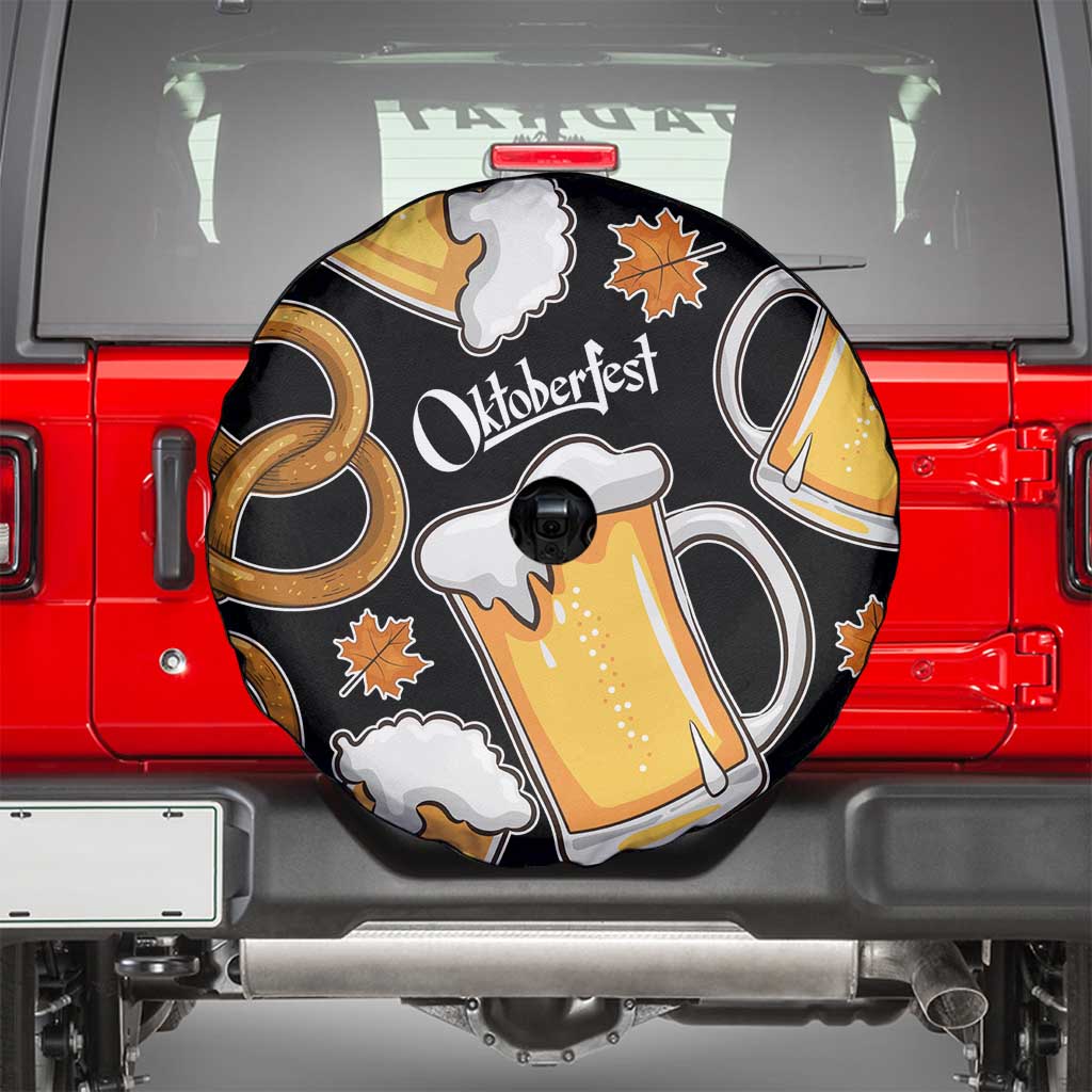 Oktoberfest Spare Tire Cover with Beer Mug and Pretzel Illustration Black Festive - Wonder Print Shop