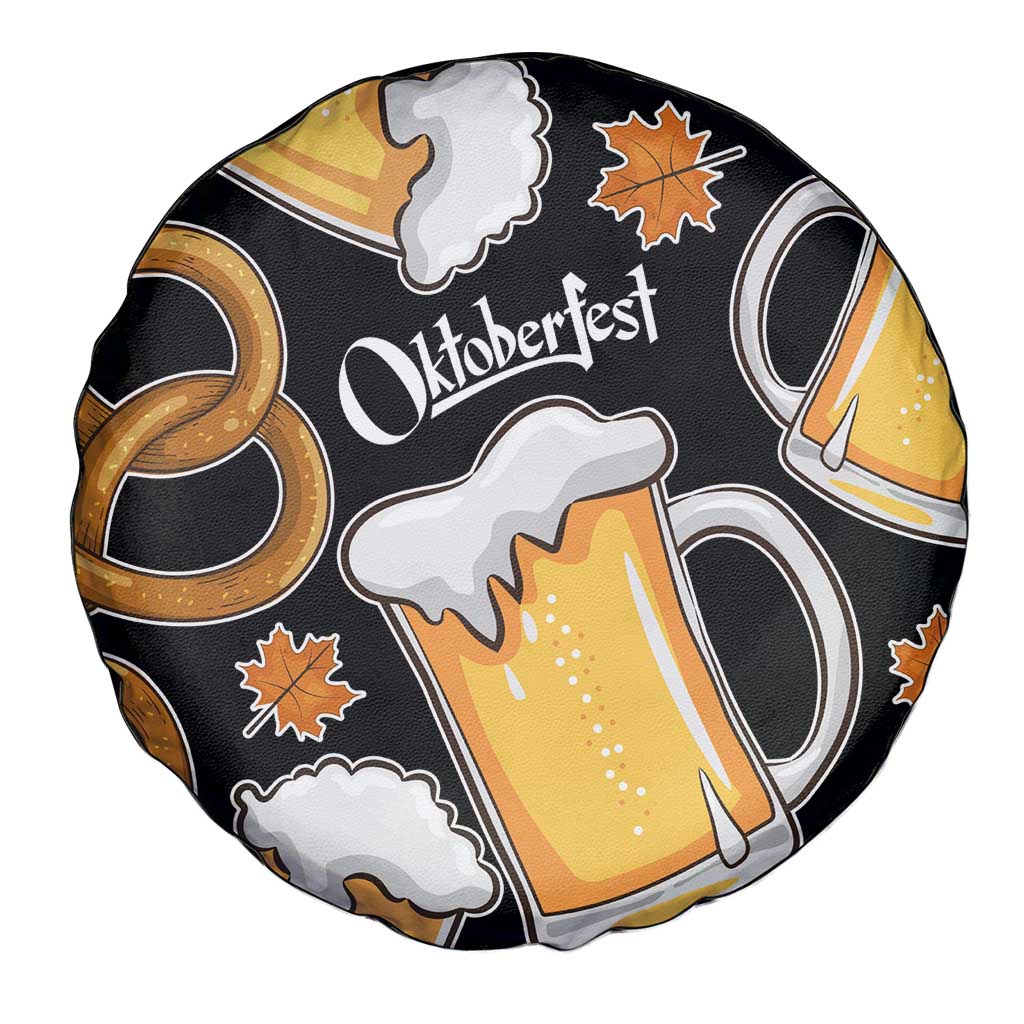 Oktoberfest Spare Tire Cover with Beer Mug and Pretzel Illustration Black Festive - Wonder Print Shop
