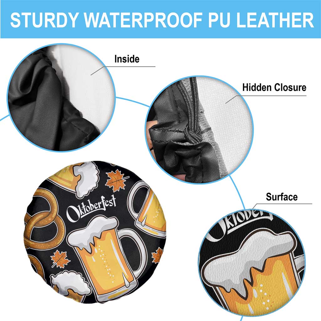 Oktoberfest Spare Tire Cover with Beer Mug and Pretzel Illustration Black Festive - Wonder Print Shop