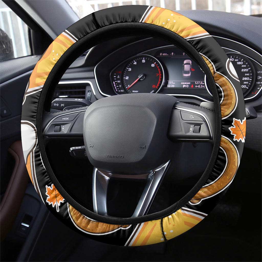 Oktoberfest Steering Wheel Cover with Beer Mug and Pretzel Illustration Black Festive - Wonder Print Shop
