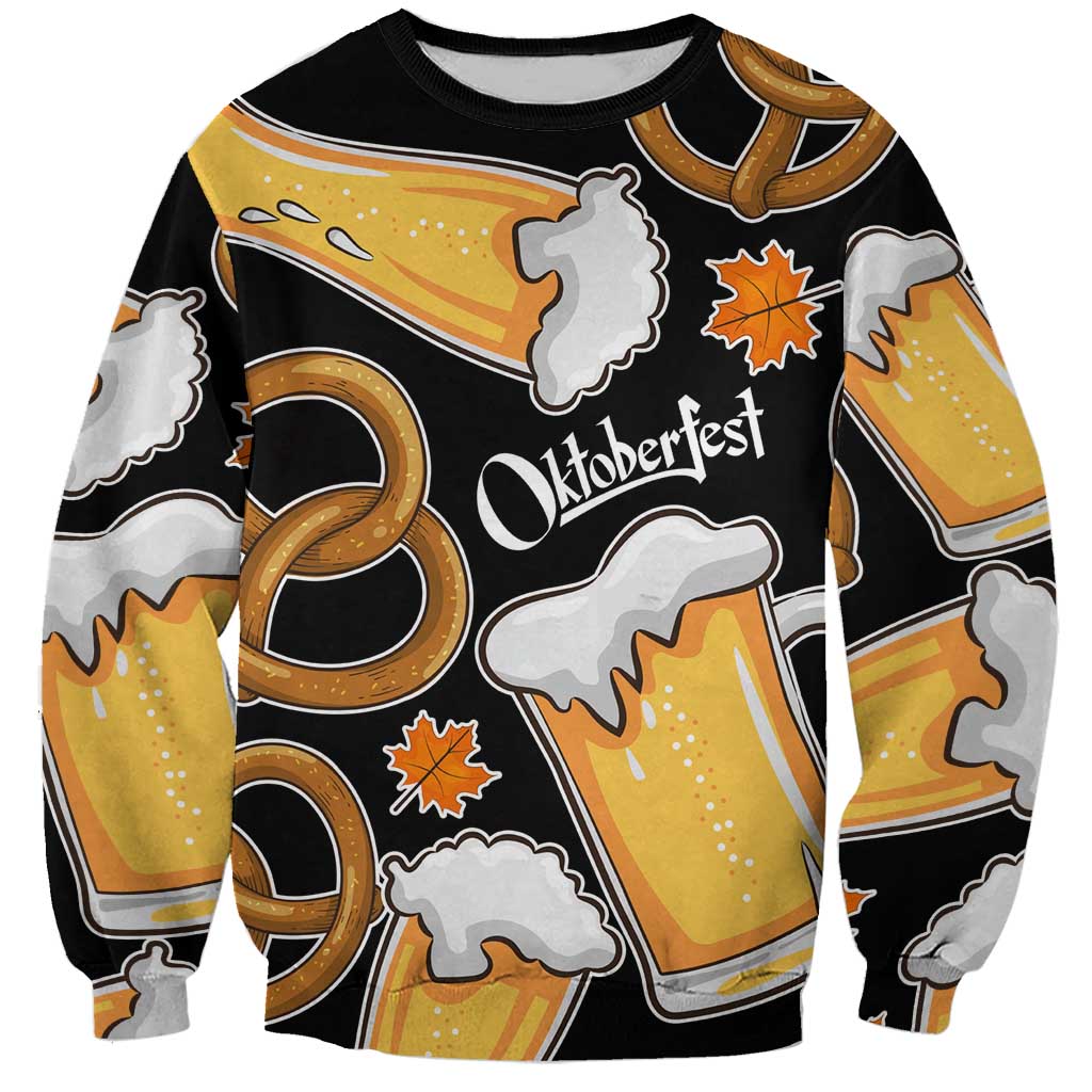 Oktoberfest Sweatshirt with Beer Mug and Pretzel Illustration Black Festive - Wonder Print Shop
