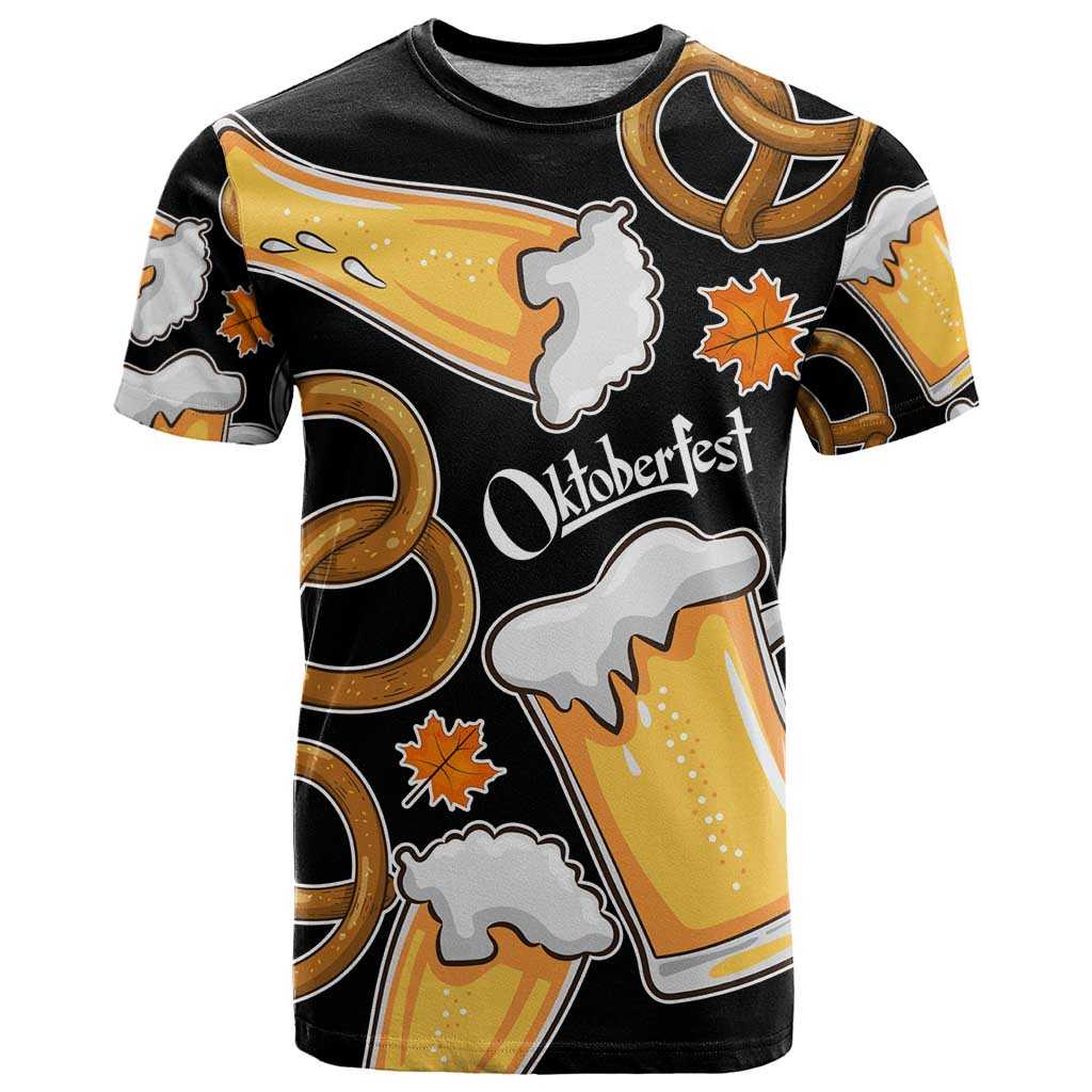 Oktoberfest T Shirt with Beer Mug and Pretzel Illustration Black Festive - Wonder Print Shop