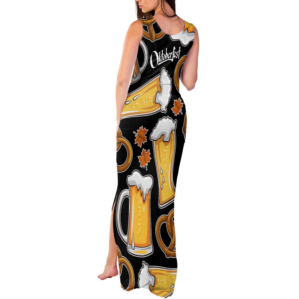 Oktoberfest Tank Maxi Dress with Beer Mug and Pretzel Illustration Black Festive - Wonder Print Shop