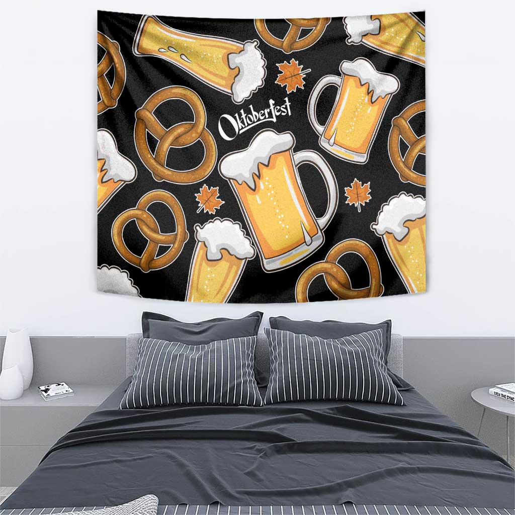 Oktoberfest Tapestry with Beer Mug and Pretzel Illustration Black Festive - Wonder Print Shop