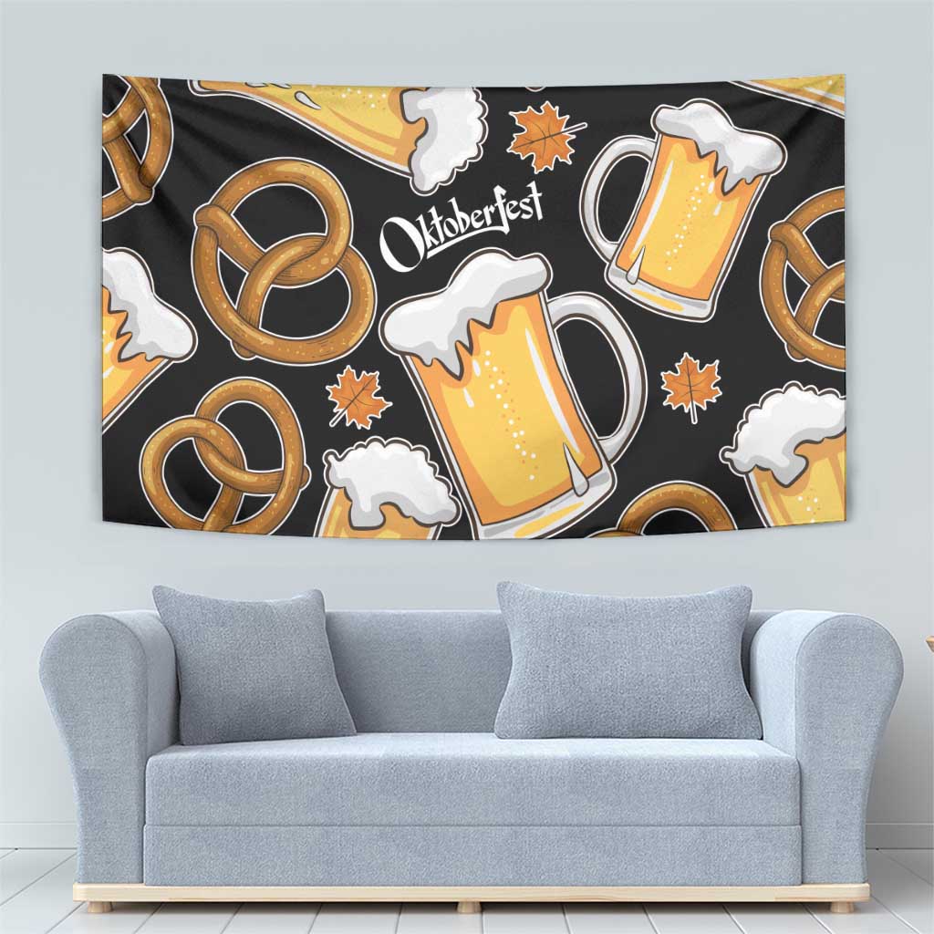 Oktoberfest Tapestry with Beer Mug and Pretzel Illustration Black Festive - Wonder Print Shop