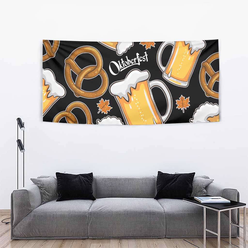 Oktoberfest Tapestry with Beer Mug and Pretzel Illustration Black Festive - Wonder Print Shop