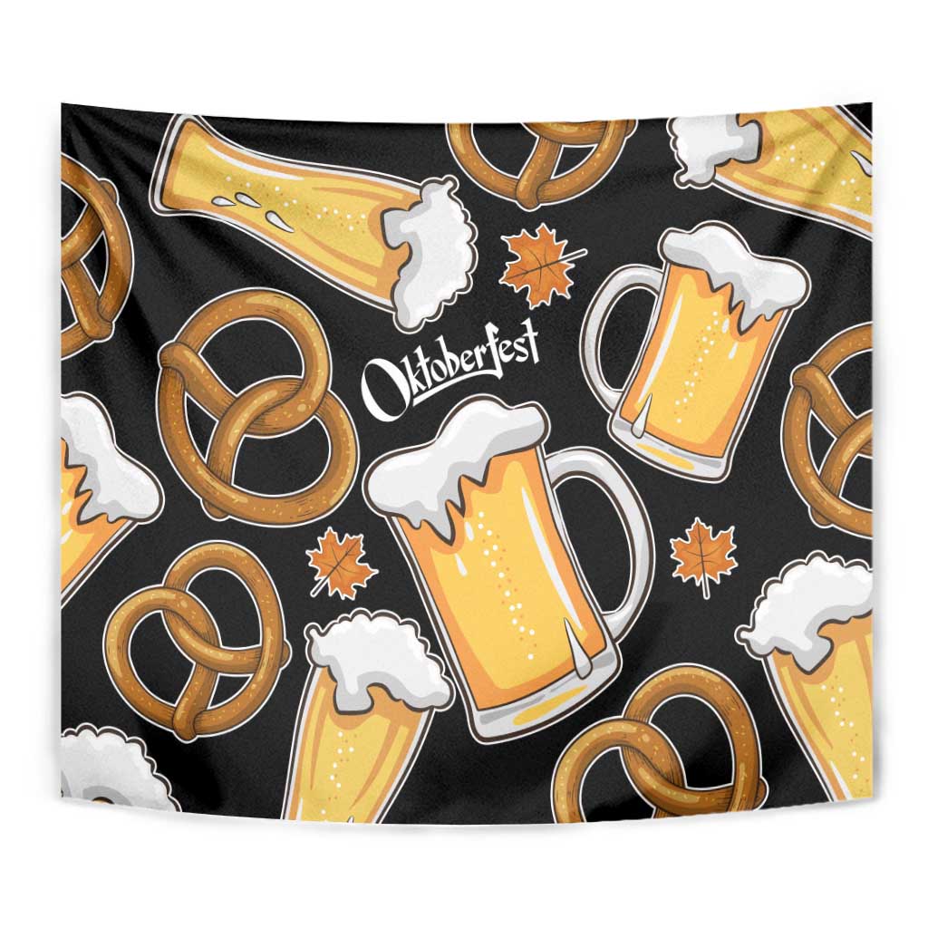 Oktoberfest Tapestry with Beer Mug and Pretzel Illustration Black Festive - Wonder Print Shop