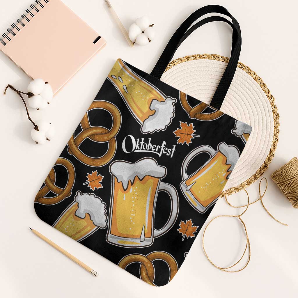 Oktoberfest Tote Bag with Beer Mug and Pretzel Illustration Black Festive - Wonder Print Shop