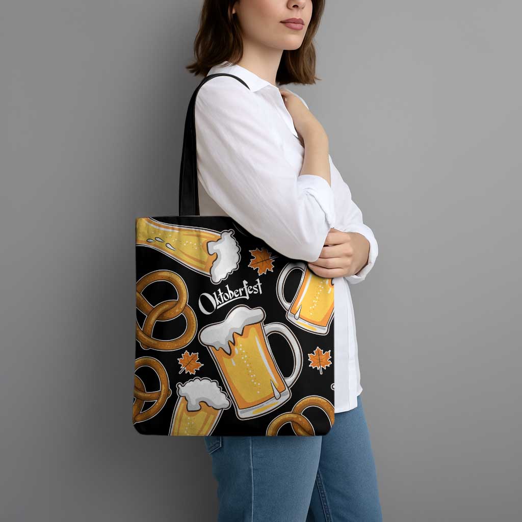 Oktoberfest Tote Bag with Beer Mug and Pretzel Illustration Black Festive - Wonder Print Shop