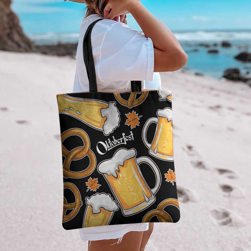 Oktoberfest Tote Bag with Beer Mug and Pretzel Illustration Black Festive - Wonder Print Shop