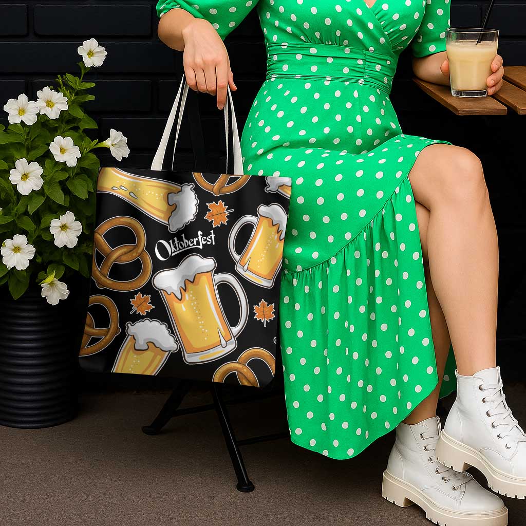Oktoberfest Tote Bag with Beer Mug and Pretzel Illustration Black Festive - Wonder Print Shop