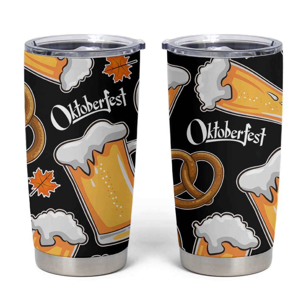 Oktoberfest Tumbler Cup with Beer Mug and Pretzel Illustration Black Festive - Wonder Print Shop