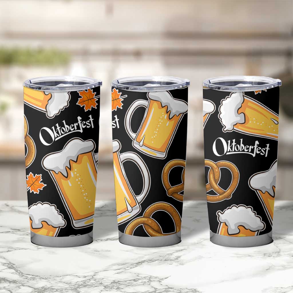 Oktoberfest Tumbler Cup with Beer Mug and Pretzel Illustration Black Festive - Wonder Print Shop