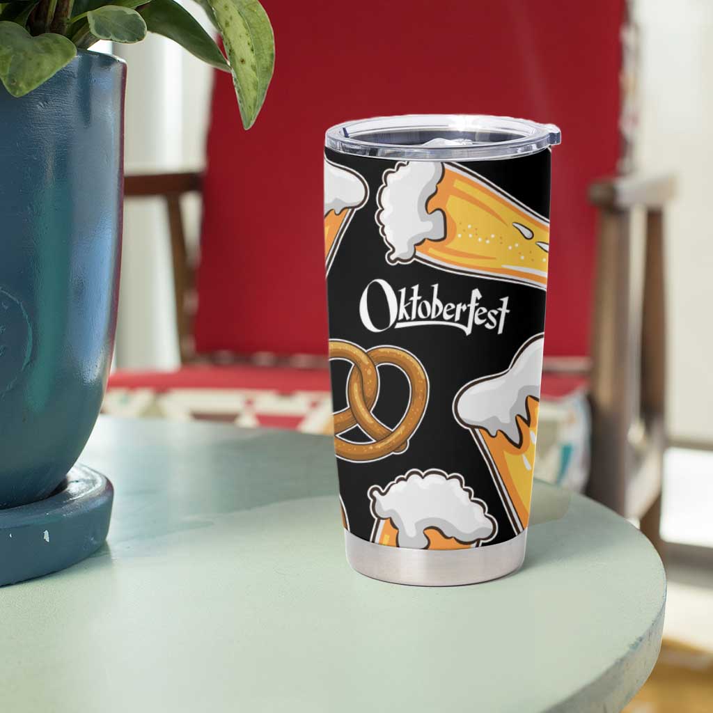 Oktoberfest Tumbler Cup with Beer Mug and Pretzel Illustration Black Festive - Wonder Print Shop