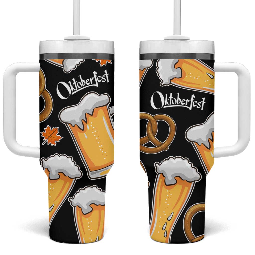 Oktoberfest Tumbler With Handle with Beer Mug and Pretzel Illustration Black Festive - Wonder Print Shop