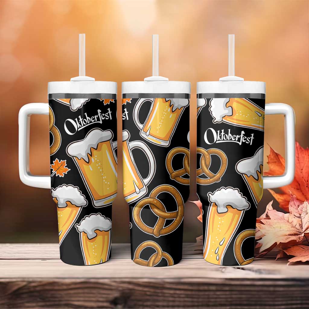 Oktoberfest Tumbler With Handle with Beer Mug and Pretzel Illustration Black Festive - Wonder Print Shop