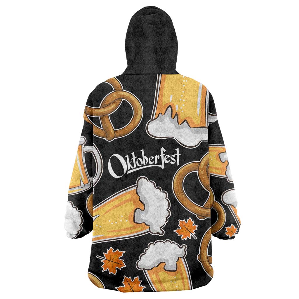 Oktoberfest Wearable Blanket Hoodie with Beer Mug and Pretzel Illustration Black Festive - Wonder Print Shop