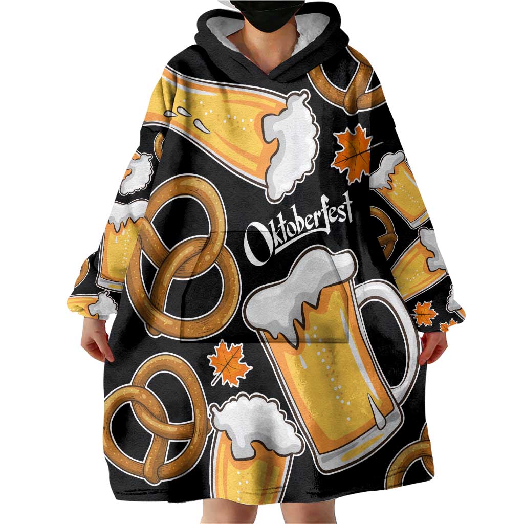 Oktoberfest Wearable Blanket Hoodie with Beer Mug and Pretzel Illustration Black Festive - Wonder Print Shop