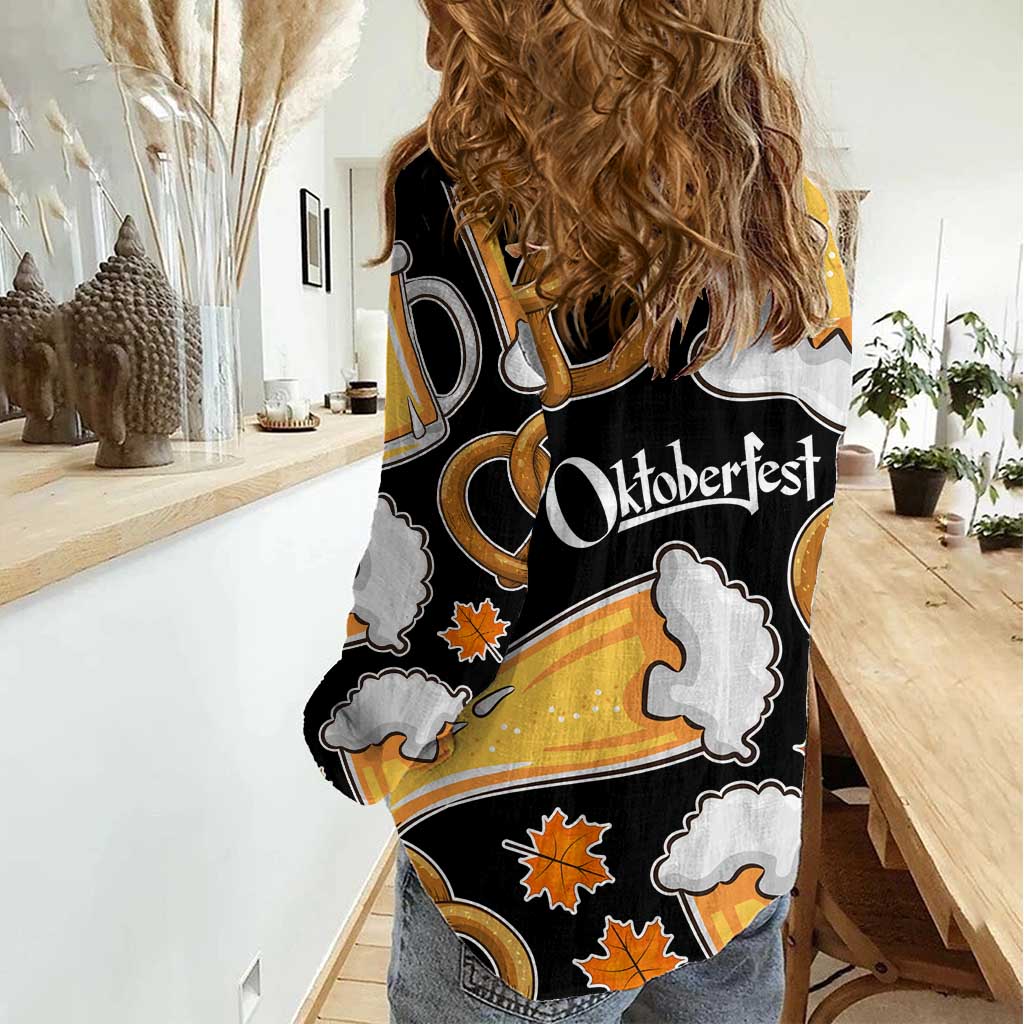 Oktoberfest Women Casual Shirt with Beer Mug and Pretzel Illustration Black Festive - Wonder Print Shop