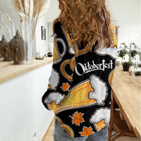 Oktoberfest Women Casual Shirt with Beer Mug and Pretzel Illustration Black Festive - Wonder Print Shop