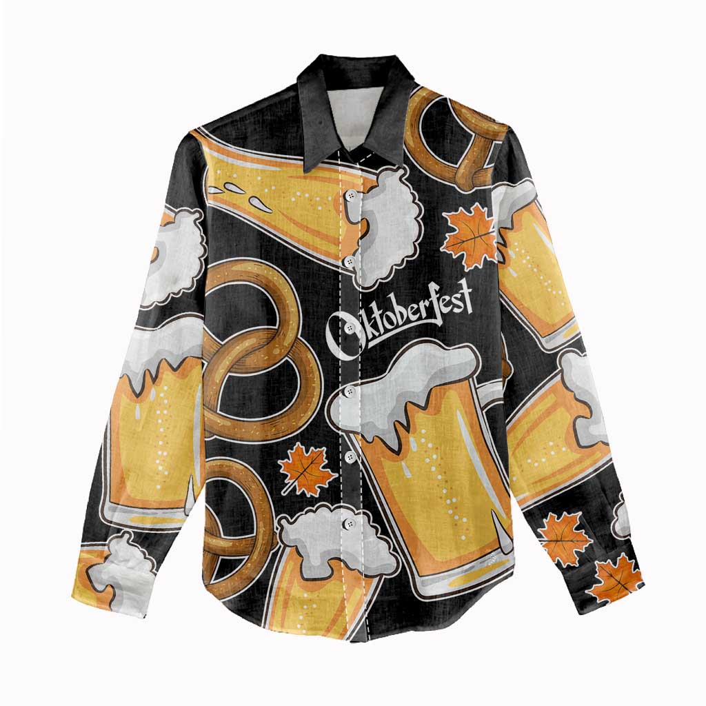 Oktoberfest Women Casual Shirt with Beer Mug and Pretzel Illustration Black Festive - Wonder Print Shop